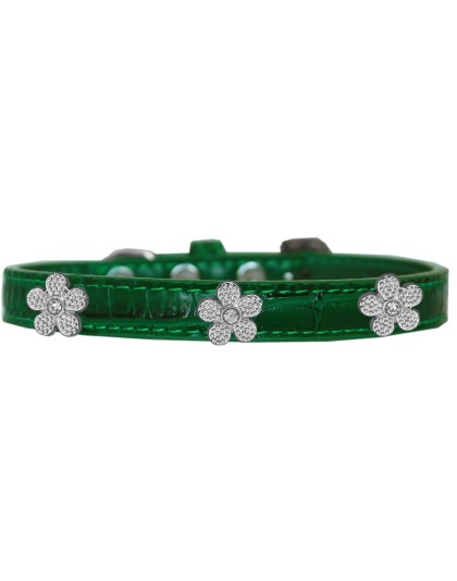 Silver Flower Widget Croc Dog Collar Emerald Green Size 10