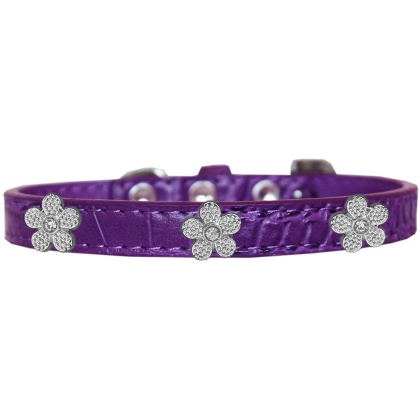 Silver Flower Widget Croc Dog Collar Purple Size 10