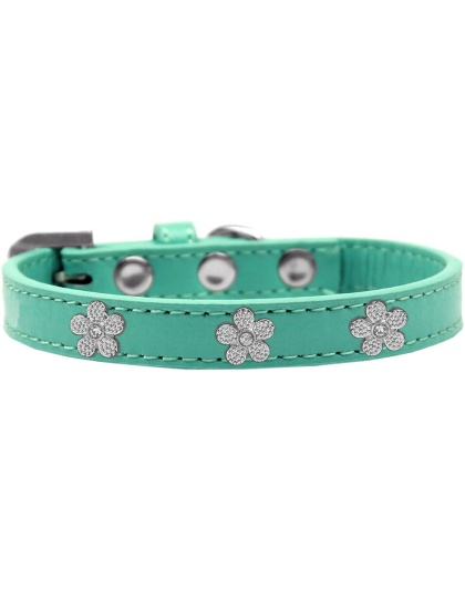 Silver Flower Widget Dog Collar Aqua Size 10