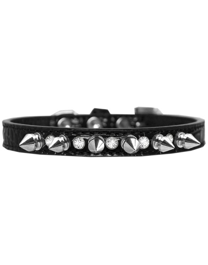Silver Spike and Clear Jewel Croc Dog Collar Black Size 10