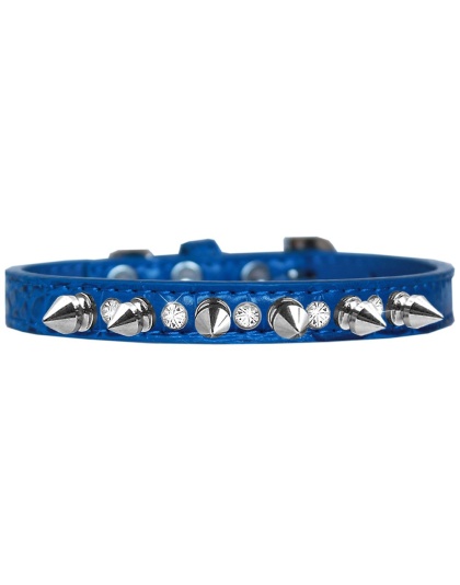 Silver Spike and Clear Jewel Croc Dog Collar Blue Size 10
