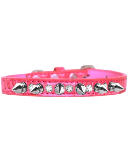 Silver Spike and Clear Jewel Croc Dog Collar Bright Pink Size 10