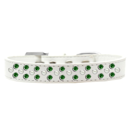 Sprinkles Dog Collar Pearl and Emerald Green Crystals Size 12 White