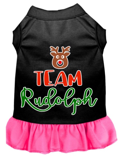Team Rudolph Screen Print Dog Dress Black with Bright Pink Lg