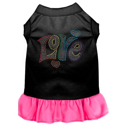 Technicolor Love Rhinestone Pet Dress Black with Bright Pink Lg