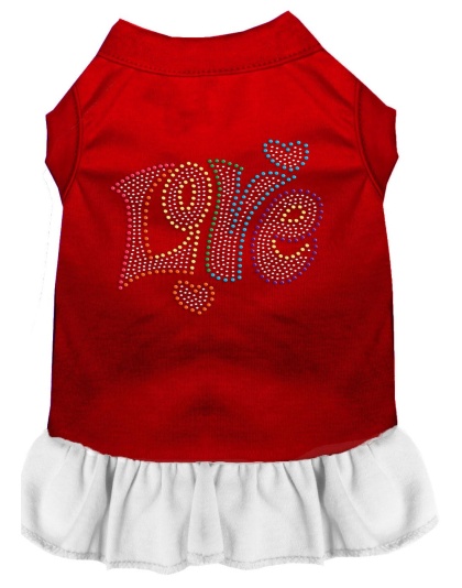 Technicolor Love Rhinestone Pet Dress Red with White Lg