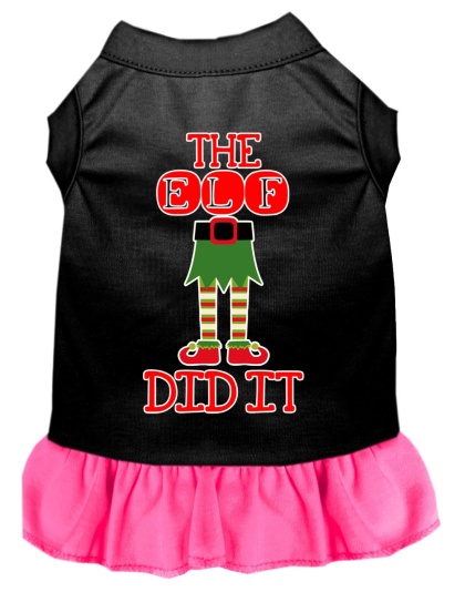 The Elf Did It Screen Print Dog Dress Black with Bright Pink Lg