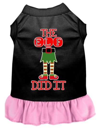 The Elf Did It Screen Print Dog Dress Black with Light Pink Lg