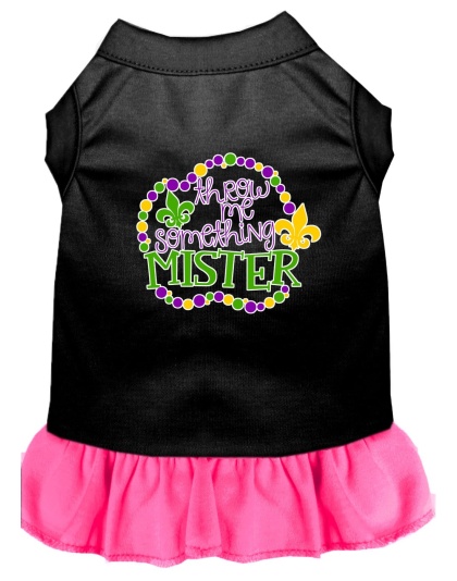 Throw me Something Screen Print Mardi Gras Dog Dress Black with Bright Pink Lg