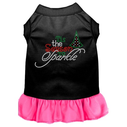 Tis the Season to Sparkle Rhinestone Dog Dress Black with Bright Pink Lg