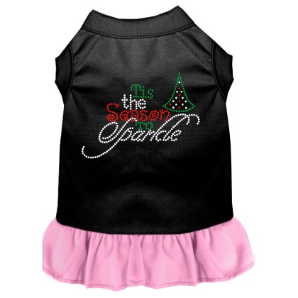 Tis the Season to Sparkle Rhinestone Dog Dress Black with Light Pink Lg