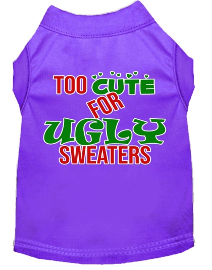 Too Cute for Ugly Sweaters Screen Print Dog Shirt Purple Lg