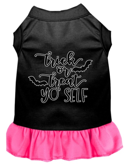 Trick or Treat Yo' Self Screen Print Dog Dress Black with Bright Pink Lg