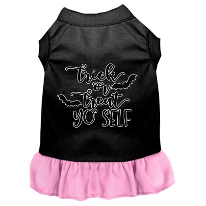 Trick or Treat Yo' Self Screen Print Dog Dress Black with Light Pink Lg