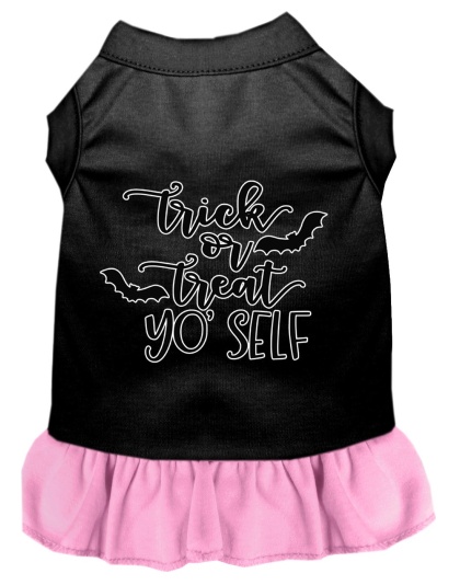 Trick or Treat Yo' Self Screen Print Dog Dress Black with Light Pink Lg