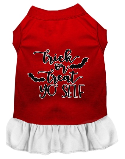 Trick or Treat Yo' Self Screen Print Dog Dress Red with White Lg
