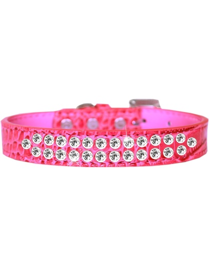 Two Row Clear Jewel Croc Dog Collar Bright Pink Size 12