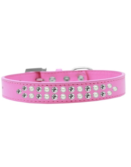 Two Row Pearl and Clear Crystal Size 12 Bright Pink Dog Collar