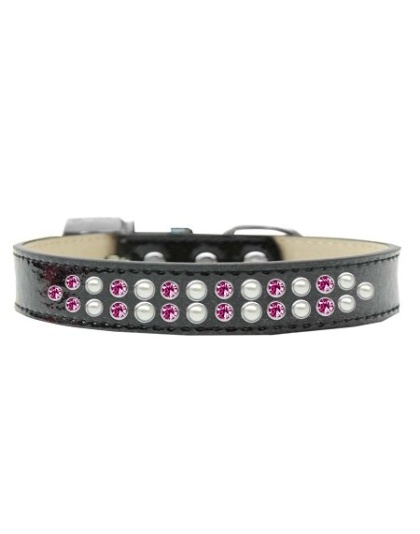 Two Row Pearl and Pink Crystal Size 12 Black Ice Cream Dog Collar