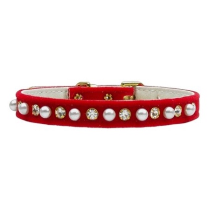 Velvet 3/8" Pearl and Clear Crystals Collar Red 10