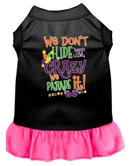 We Don't Hide the Crazy Screen Print Mardi Gras Dog Dress Black with Bright Pink Lg