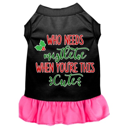Who Needs Mistletoe Screen Print Dog Dress Black with Bright Pink Lg