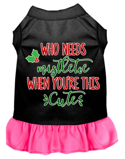 Who Needs Mistletoe Screen Print Dog Dress Black with Bright Pink Lg