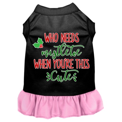 Who Needs Mistletoe Screen Print Dog Dress Black with Light Pink Lg