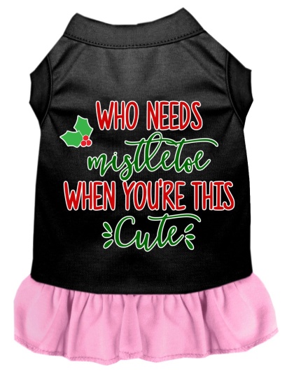 Who Needs Mistletoe Screen Print Dog Dress Black with Light Pink Lg