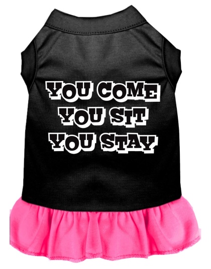 You Come, You Sit, You Stay Screen Print Dress Black with Bright Pink Lg